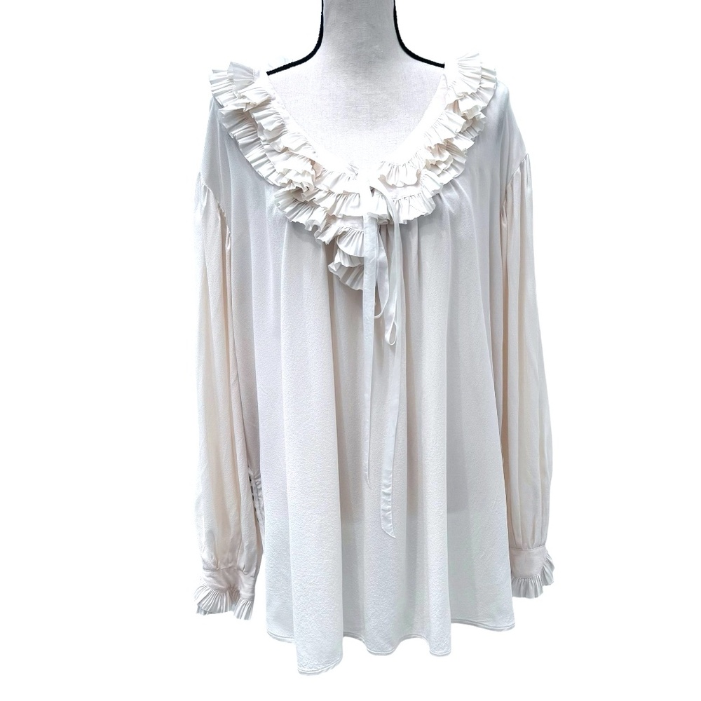 MARC JACOBS CREAM SILK LOOSE FIT VICTORIAN BLOUSE W RUFFLES AT NECK & WRIST